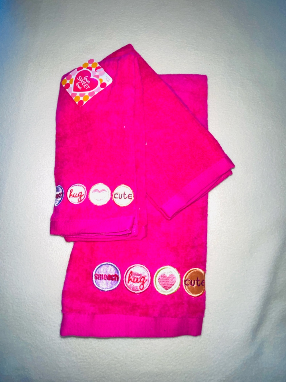New Hot Pink Valentine Hearts Hand Towel and 2 Wash Clothes Cotton